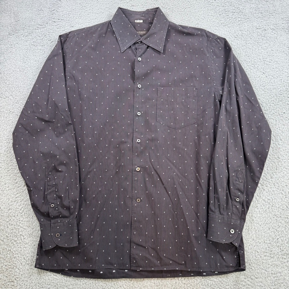 Canali Mens Brown Micro Stripe Dotted Button Up Dress Shirt Size L Made in Italy